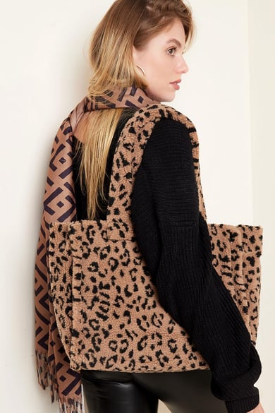 Tote de borreguito de leopardo Beige Poliéster h5 Imagen3
